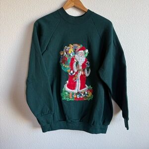 Vintage Green Santa Puff Paint Glitter Nostalgic Christmas Sweatshirt Size XL